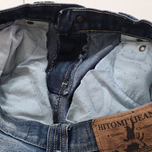 A Vintage HTM Hitomi Jean Mens 29x32 Blue Straigh Leg Japan Distressed Wiskering - Picture 14 of 16